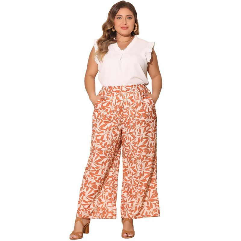 Agnes Orinda Women's Plus Size Chiffon Casual Floral Elastic High Waist Wide Leg with Pocket Palazzo Pants, 3 of 5