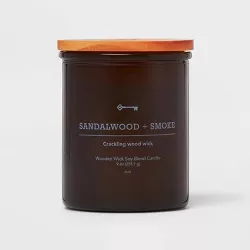 Lidded Amber Glass Jar Crackling Wooden Wick Sandalwood and Smoke Candle - Threshold™