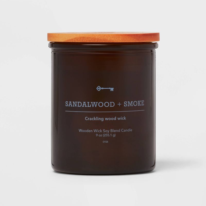 Amber Glass Sandalwood + Smoke Lidded Wooden Wick Jar Candle 9oz - Threshold&#8482;, 1 of 4