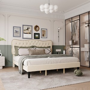 Whizmax Bed Frame Faux Leather Upholstered Platform Bed with Button Tufted and Adjustable Headboard Wooden Slat Support - 1 of 4