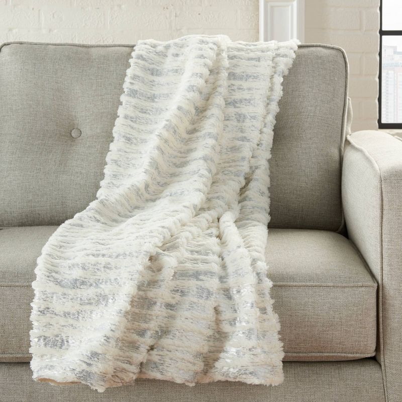 50&#34;x60&#34; Foil Striped Faux Fur Throw Blanket Ivory/Silver - Mina Victory, 1 of 3