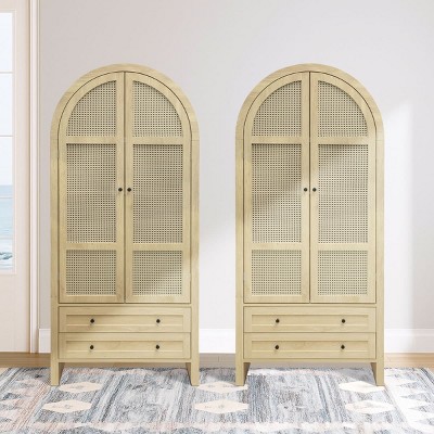 Kitchen Pantry Cabinet with Drawers, Arched Storage Cabinet with Adjustable Shelves, Rattan Doors, Display Cabinet for Living Room-The Pop Home