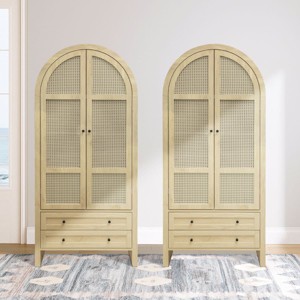 Kitchen Pantry Cabinet with Drawers, Arched Storage Cabinet with Adjustable Shelves, Rattan Doors, Display Cabinet for Living Room-The Pop Home - 1 of 4
