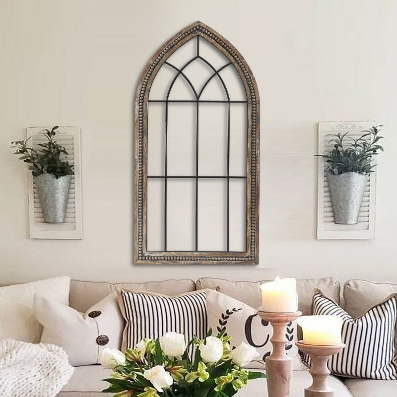 LuxenHome Rustic Wood and Black Metal Arched Window Wall Decor Brown, 3 of 8