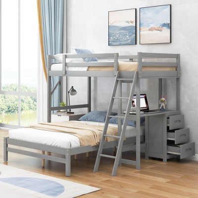 Grungis Twin over Full Loft Bed with Built-in Desk and 3 Drawers,Bunk Bed with Ladder Can Divided Into 2 Beds,Loft and Bunk Bed for Bedroom