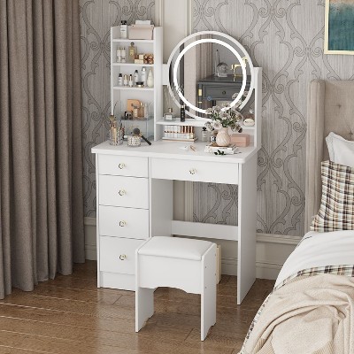 White Wood Makeup Vanity Set with LED Mirror and Stool
