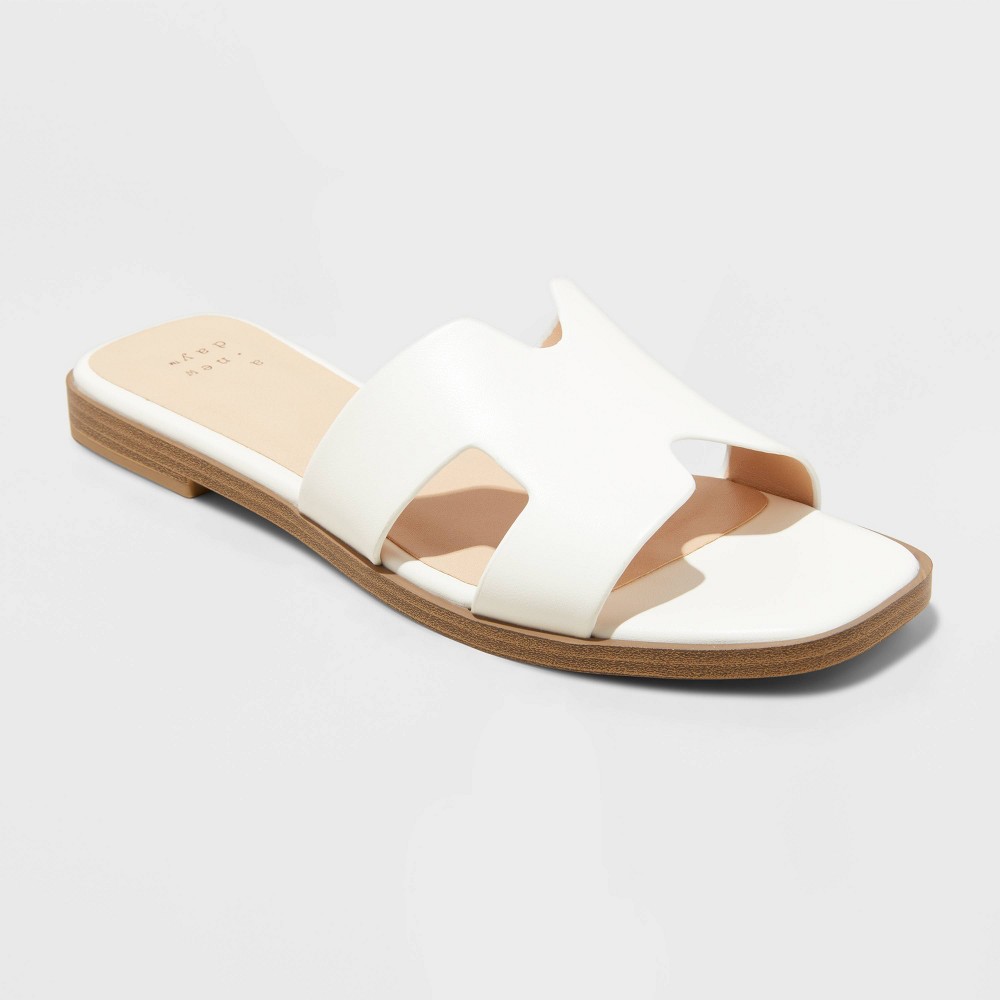 Women's Nina Wide Width H-Band Slide Sandals - A New Day™ White 11W: Slip-On Open Toe Block Heel