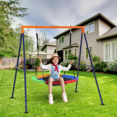 Outdoor Swing Set, 440lbs Saucer Swing Set with Heavy-Duty Metal A-Frame and Adjustable Ropes, Round Swing Sets for Backyard, Playground and Park