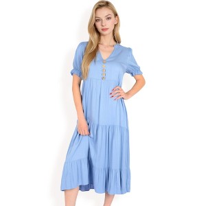 Anna-Kaci Women's Puff Sleeve Tiered Midi Dress with Button Front Detail and Smocked Cuffs - 1 of 4