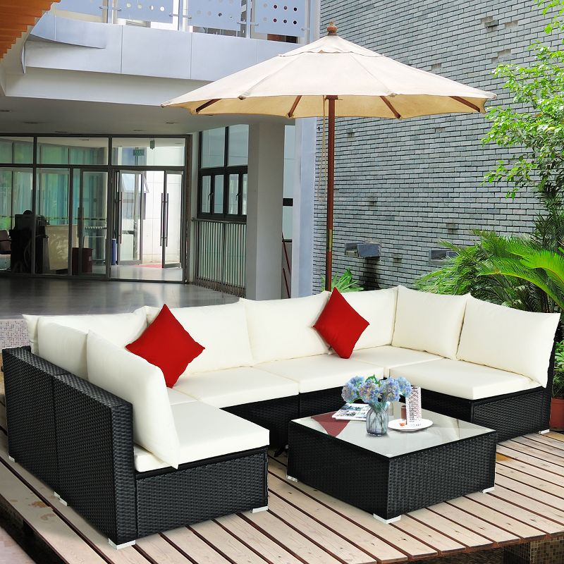 Costway 7PCS Patio Rattan Furniture Set Sectional Sofa Cushioned Glass Table Steel Frame, 4 of 11