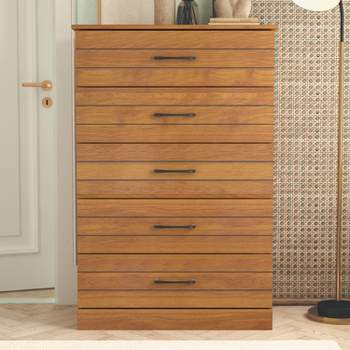 Galano Elis 5 Drawers 31.5 in. Wide Chest of Drawer in Ivory with Knotty Oak, Amber Walnut