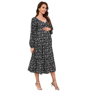 Coolmee Women's Casual Maternity Dress Boho Floral V Neck Long Sleeve A Line Ruffle Hem Midi Dresses Pregnancy Outfit - 1 of 4