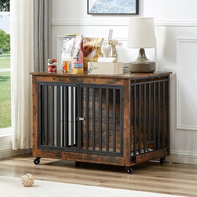 Gulches Pet Owners' Dream Find: Spacious 38.58"W x 25.2"D x 27.17"H Rustic Brown Dog Crate Side Table