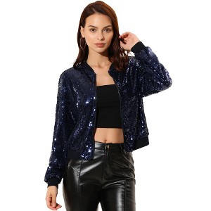 INSPIRE CHIC Women's Party Sequin Sparkle Long Sleeve Cropped Length Zipper Bomber Jacket - 1 of 4