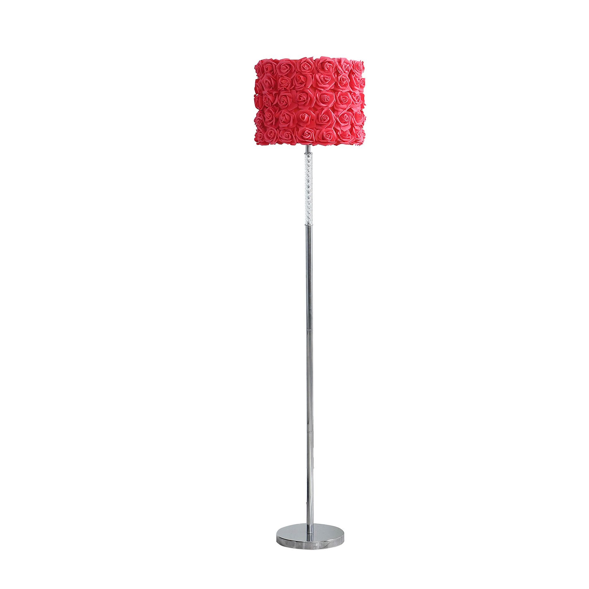 HomeRoots 63" Steel and Acrylic Floor Lamp With Red Flowers Fabric Drum Shade