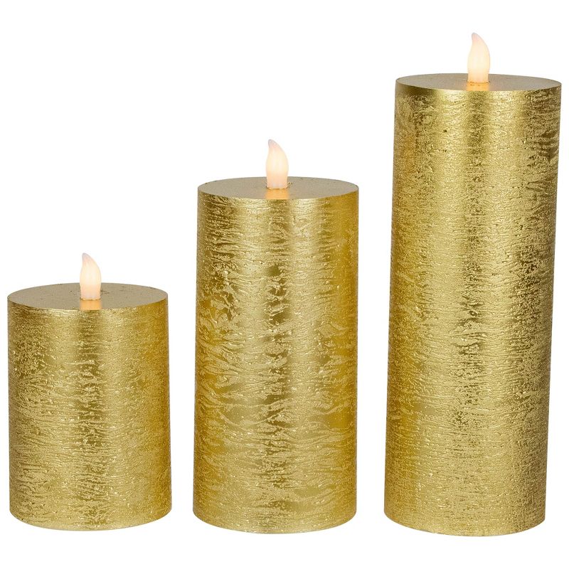 Northlight Set of 3 Gold LED Flickering Flameless Pillar Christmas Candles 8.75", 1 of 7