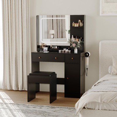 Makeup Vanity Desk with LED Lights, Mirror & Power Outlet, Vanity Table Set with Storage Drawers, Shelves, Cabinet & Chair