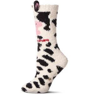 Memoi Women's Plush Cow-Themed Embellished Crew-Length Lounge Sock Black-White One Size - 1 of 4