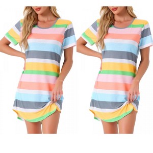 INSPIRE CHIC Women's 2 Pcs Curved-Hem Crew-Neck Striped Short-Sleeve Tee Dress Sleepshirt - 1 of 4