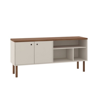 Scandinavian-Modern Off White and Natural Wood TV Stand with Storage