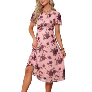 INSPIRE CHIC Women's Maternity Flowy Floral Dress Midi Photoshoot Formal Casual Pregnancy Dress 2026 Summer Small Pink Dress & Red Rose