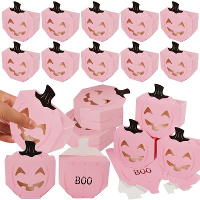 10Pcs Halloween Pink Pumpkin Gift Boxes Unique Candy Boxes with Hollow Scary Smiley Face Window Trick or Treat Candy Goodie Bags for Halloween