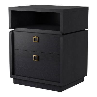 Gimbay Modern 2 Drawer Storage Nightstand Black - miBasics: Gold Handle, Open Shelf