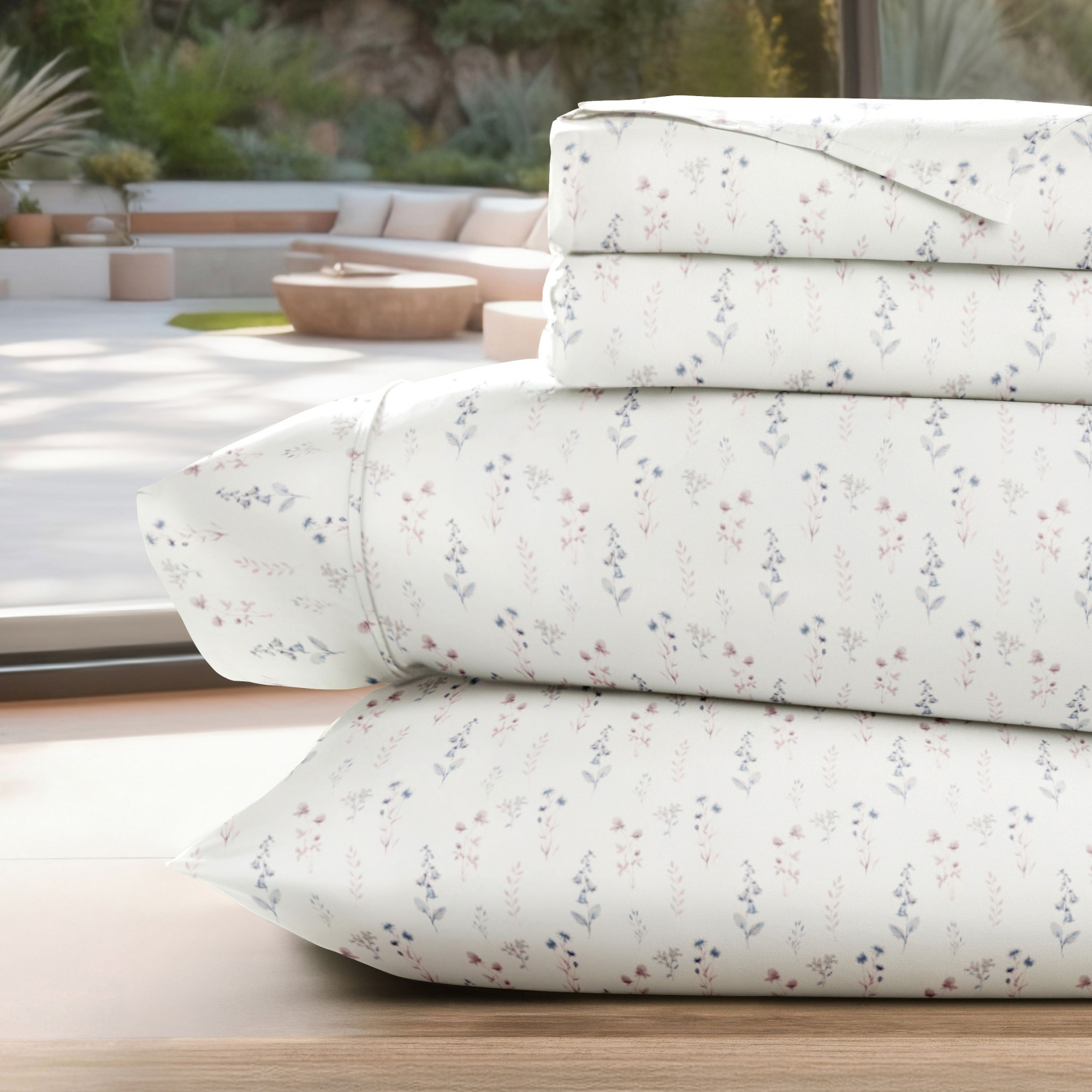 Delicate Blossoms Floral Patterned Ultra-Soft 4 Piece Bed Sheet Set - Becky Cameron, Painted Meadow Ivory, King
