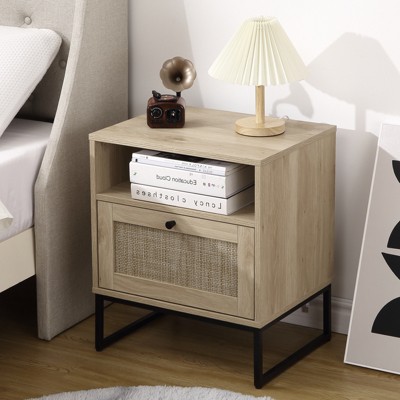 Rattan Nightstand, Boho Bedside Table with Storage Drawer & Metal Legs, Farmhouse Wood Small Night Stand End Table for Bedroom Living Room