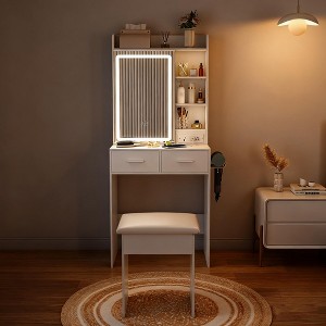 Makeup Vanity Desk with Mirror & LED Lights, Small Vanity Desk with Built-in Power Outlet, Includes padded stool - 1 of 4