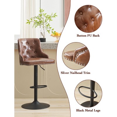 Adjustable Brown Faux Leather Swivel Bar Stools with Nailhead Trim, Set of 2