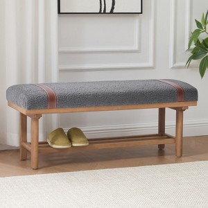 Bekrvio 44-Inch Teddy Fleece Upholstered Bench – Solid Wood Frame,Mid Century Modern Bench with PU Straps for Living Room, Bedroom - 1 of 4