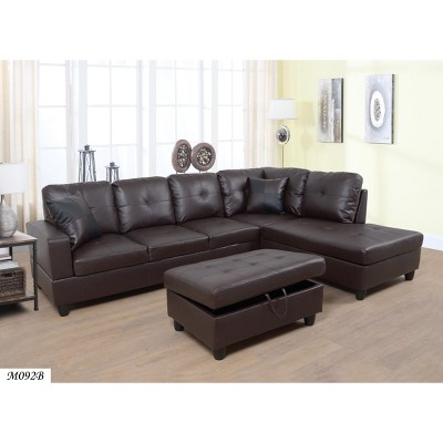 VYNXARIA 3 PC Sectional Sofa Set, (Brown) Faux Leather left -Facing Chaise with Free Storage Ottoman