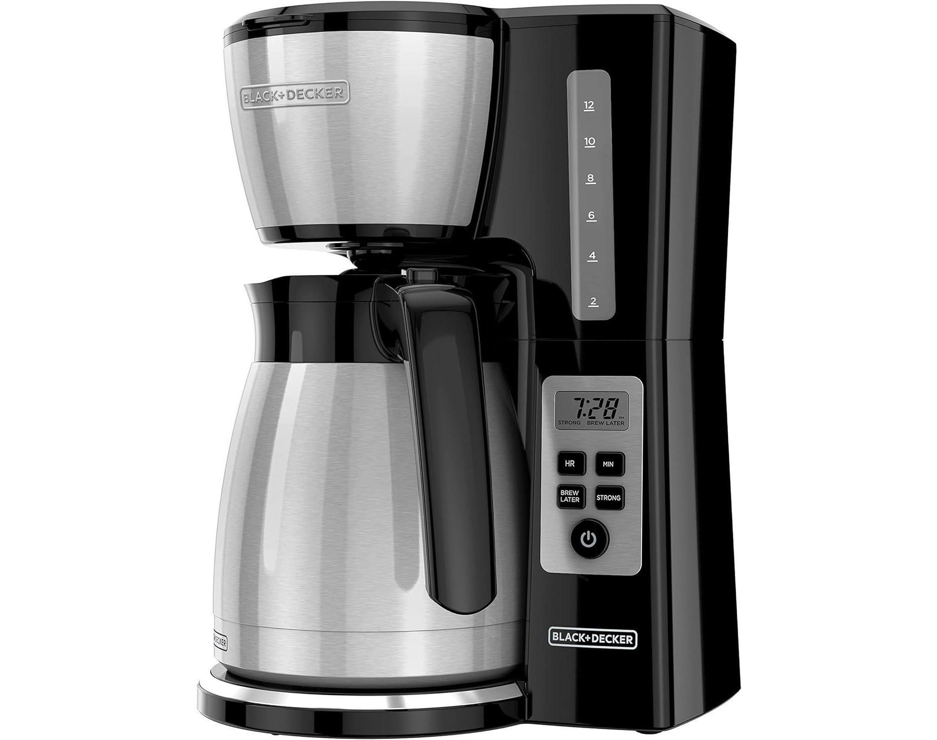 BLACK+DECKER 12 Cup Thermal Programmable Coffee Maker with Brew Strength and VORTEX Technology, Black/Steel