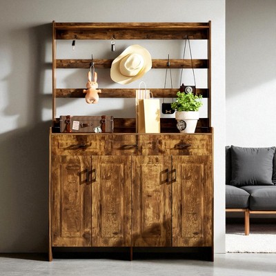 51.2" Minimalist Four-Door Shoe Cabinet with Coat Rack, 3 Drawers, 8 Shelves, Metal Hooks for Hallway, Entryway, Living Room