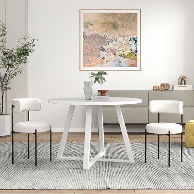 White Round Rubberwood Dining Table with 2 Boucle Chairs