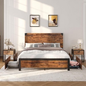 Full Size Platform Bed Frame with Headboard, 4 Storage Drawers, Noise-Free, Metal Support, No Box Spring Needed, Rustic Brown - 1 of 4