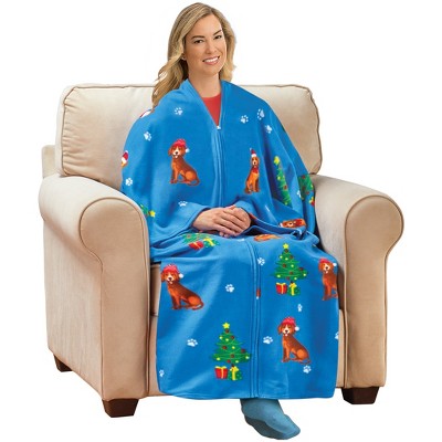 Collections Etc Christmas Dog Soft Fleece Zippered Cuddle Wrap Blanket 60" x 67" Blue