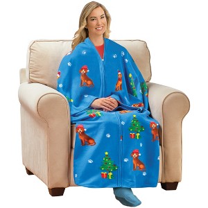Collections Etc Christmas Dog Soft Fleece Zippered Cuddle Wrap Blanket 60" x 67" Blue - 1 of 3