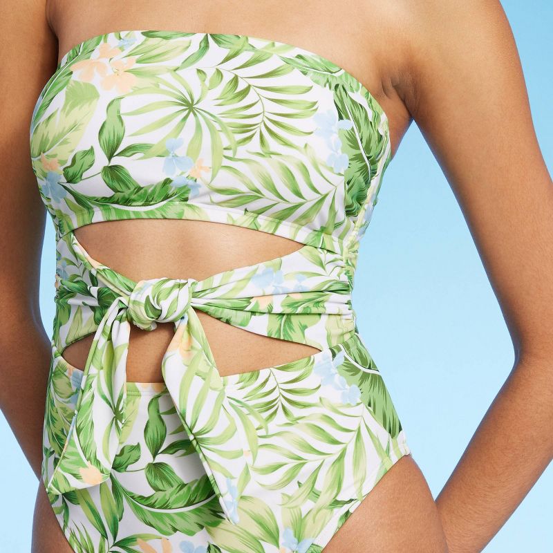 Women's Bandeau Tie-Front Cut Out One Piece Swimsuit - Shade & Shore™ Green Tropical Print, 4 of 11
