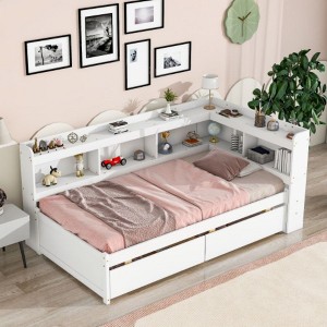 Twin Size Bed With L-shaped Bookcases, Pine Wood Platform Bed Frame With 2 Storage Drawers For Bedroom, No Spring Box Needed - 1 of 4