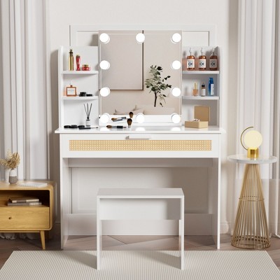 NicBex Vanity Desk with Mirror Vanity with Large Mirror, Modern Wood Cosmetic Table Set with 6 Open Shelves and 1 Stool for Bedroom