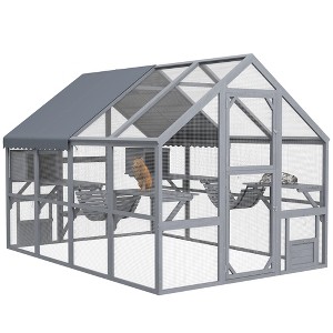 PawHut Large Catio Outdoor Cat Enclosure, Wooden Cat House for Multiple Kittens, with Waterproof Cover, Condos, Platforms, Bridge, Doors - 1 of 4