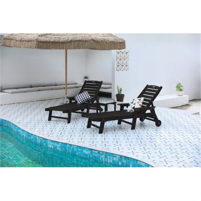 SKRAN Lounge Chair with Side Table,Set of 3 All Weather Chaise Lounge Chair Set with 5 Positions,Wheels & Cup Holder(Black,2 Lounge chairs+1 Table)