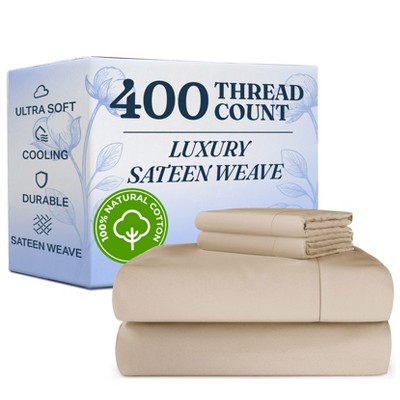 100% Cotton 400 Thread Count 4 Piece Sheet Set - Soft & Cozy Sateen Bed Sheets - CGK Linens