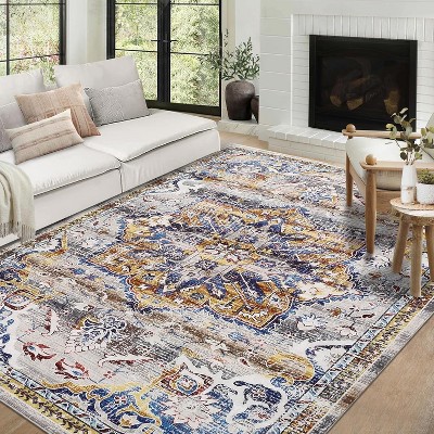 Washable Runner Rug, Vintage Oriental Floral Entryway Rug, Soft Non-Slip Faux Wool, Low Pile for Hallway, Bedroom, Kitchen, Laundry