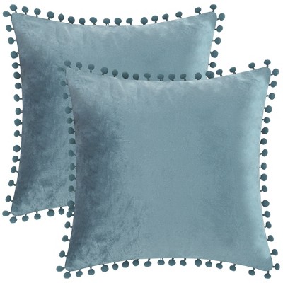 Unique Bargains Farmhouse Bedroom Decorative Velvet Pompoms Fringe Throw Pillow Covers 2 Pcs