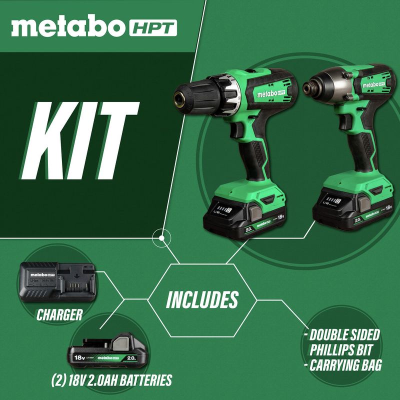 Metabo HPT KC18DFXM 18V MultiVolt Brushed Lithium-Ion 1/2 in. Cordless Hammer Drill and 1/4 in. Impact Driver Combo Kit with 2 Batteries (2 Ah), 2 of 9