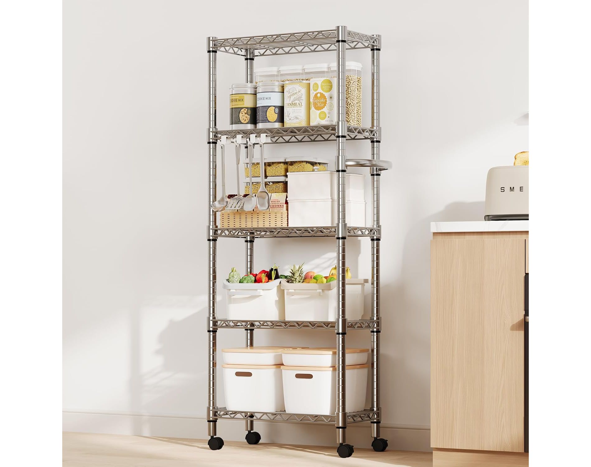 61-Inch Metal Storage Rack with Wheels, 5-Tier Adjustable Wire Mesh Rack with Side Handles, 24-Inch Wide Heavy-Duty Rolling Shelving Unit for Kitchens