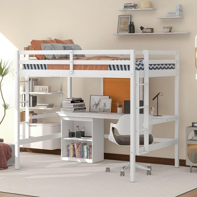 Streamdale Full Size Loft Bed With Desk And Writing Board, Wooden Loft Bed With Desk & 2 Drawers Cabinet